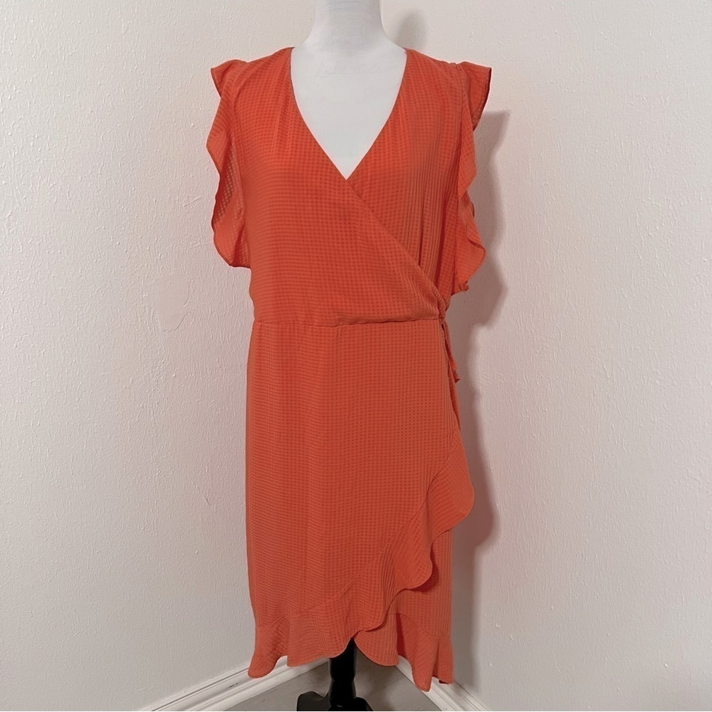 A New Day Women’s XL Orange V-Neck Ruffled Lined Midi Dress Ruffled Sleeves EUC
